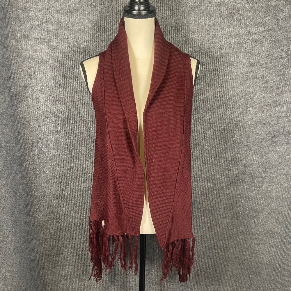Collegiate Outfitters‎ Maroon Cardigan Sz S/M Ribbed Knit Fall Boho Fringe Open